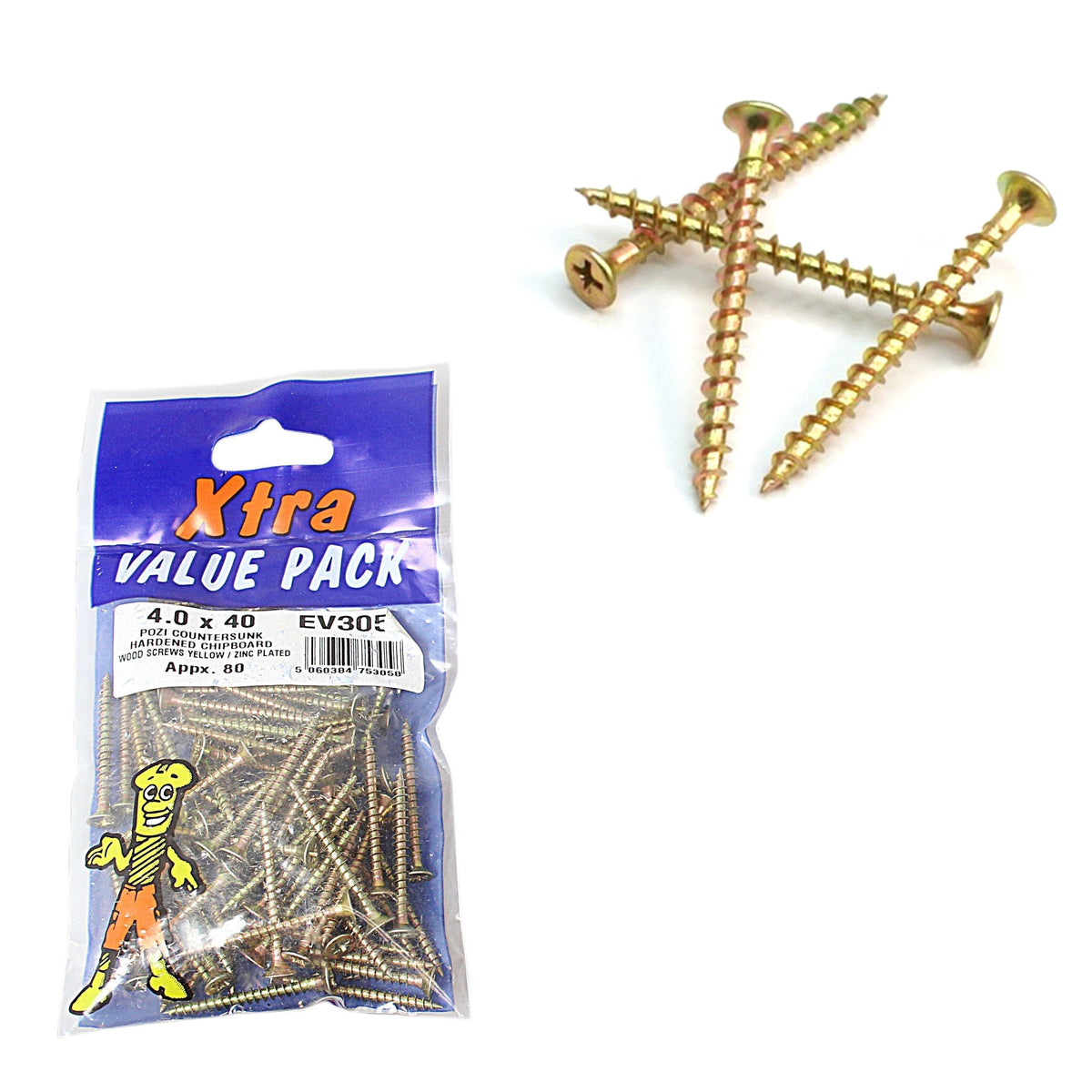 4.0 x 40 Pozi c/sk Chipboard Screws Yellow Diy Xtra Value 5305