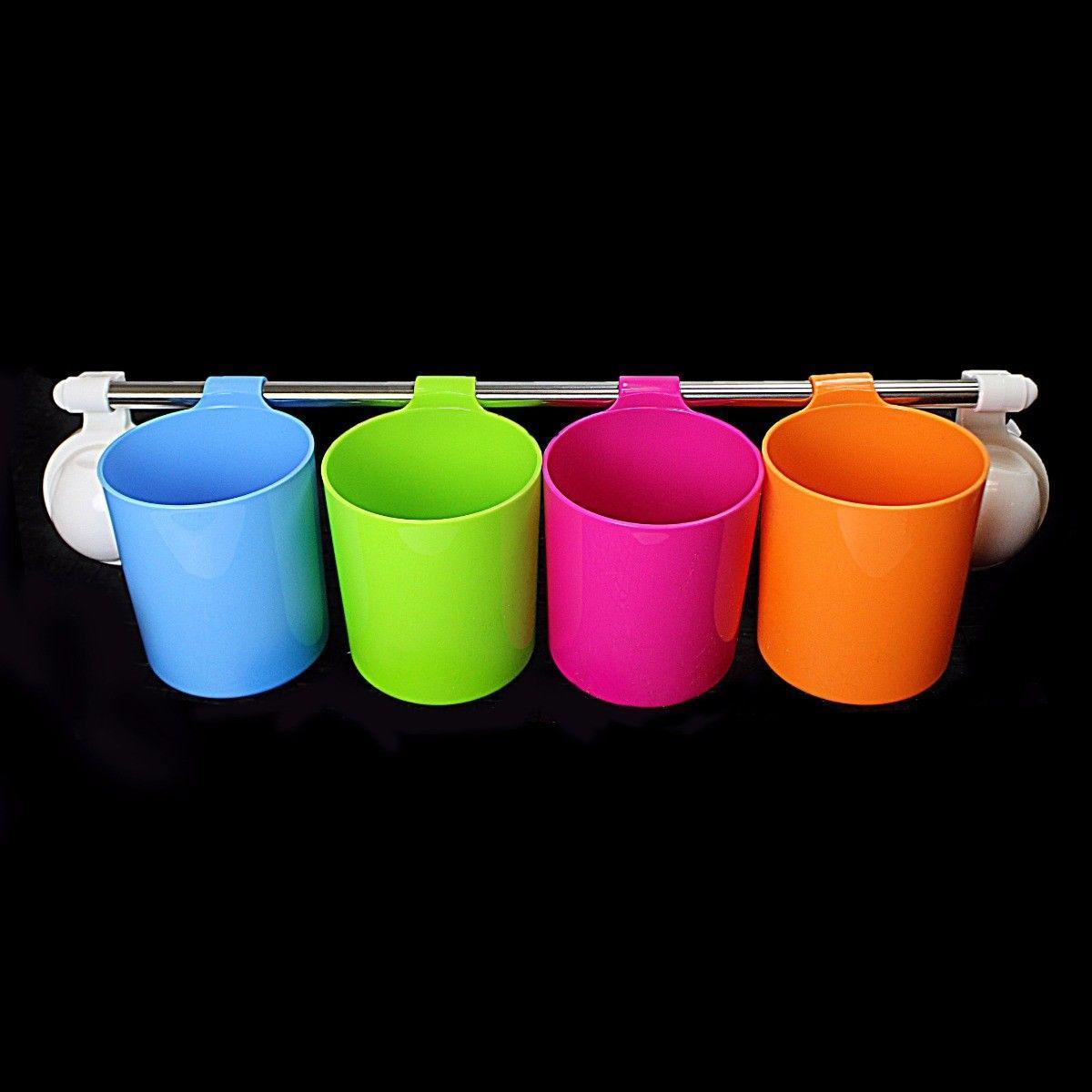 4 Cup Handy Cup In Assorted Colours Rack With Suction Cap 50cm Long 0843
