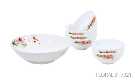 Aria Opal Glass Soup Set of 7 White Pink Floral 7921