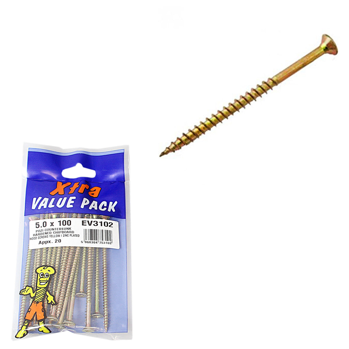 5.0 x 100 Pozi c/sk Chipboard Screws Yellow Diy Xtra Value 3102