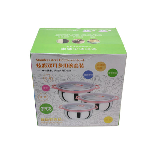 Stainless Steel 3 Pack Kitchen Bowl Set With Plastic Clear Lid Multipurpose Use 6107