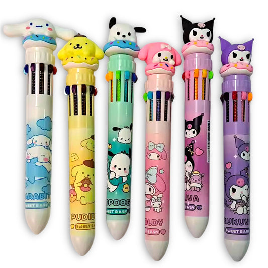 Sanrio Character Jumbo Pen with 10 Changeable Colours - Kuromi Hello Kitty Cinnamoroll Pochacco Pompompurin Style
