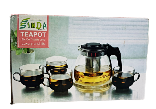 Glass Teapot and Cups Set of 5 6670