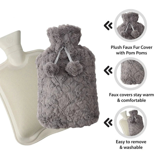DGI Hot Water Bottle With Faux Fur Cover & Pom Poms 2 Litre 9242 A