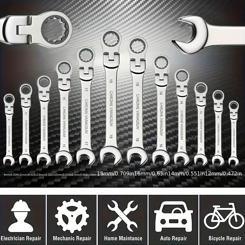 Adjustable Ratchet Wrench Set, 180° Rotatable Head & 72-Tooth Gear Mechanism Wrench Set, Multifunctional Hand Tool for Car Repair, Mechanical Workshop & Home Use