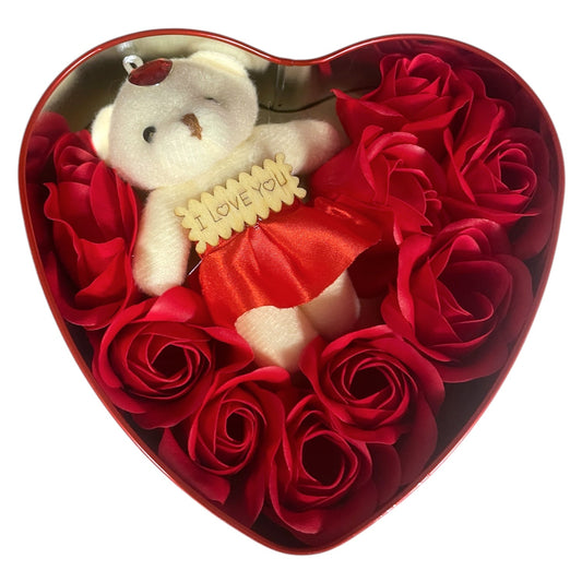 Valentines Day I Love You Bear & Red Roses in Keepsake Tin