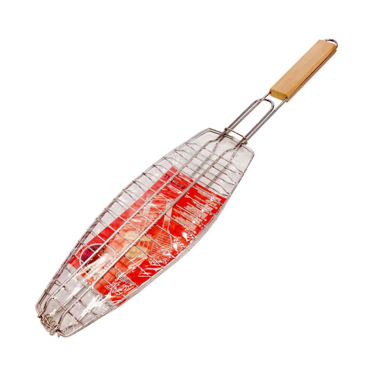 Metal Meat Fish Roasting BBQ Basket Grill with Wooden Handle 15 x 43 cm 1243 / 9997
