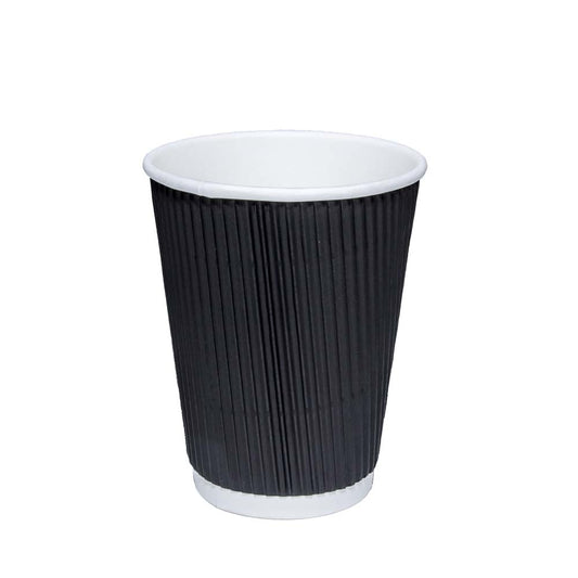 12oz 340ml Black Recyclable Ripple Paper Cups With Lids Pack of 6 EC1130