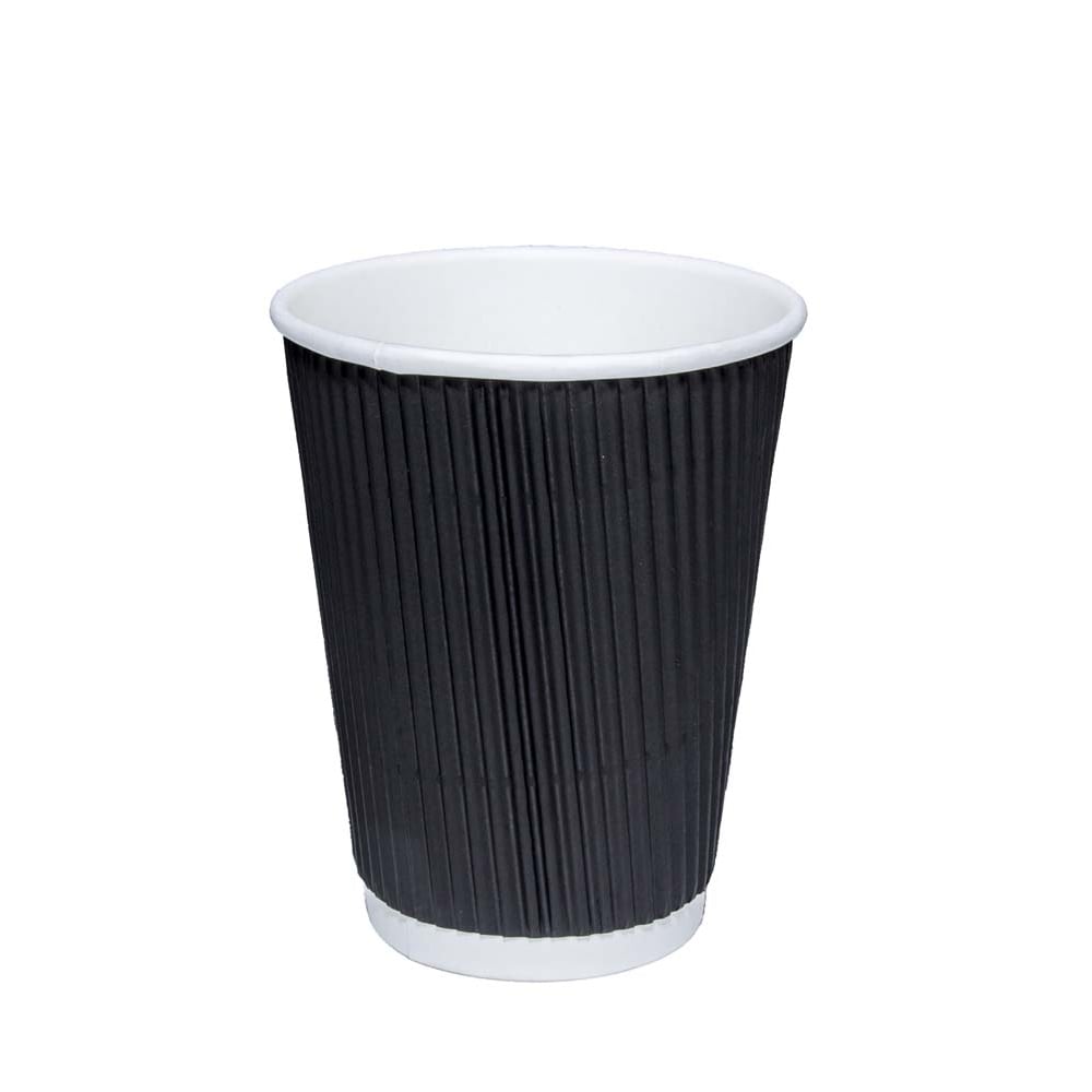 8oz 235ml Black Recyclable Ripple Paper Cups With Lids Pack of 8 EC0997