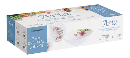 Aria Opal Glass Soup Set of 7 White Pink Floral 7921