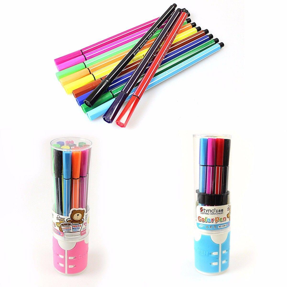 12 Pack Colouring Marker Pens in Holder Case Assorted Colours 0762