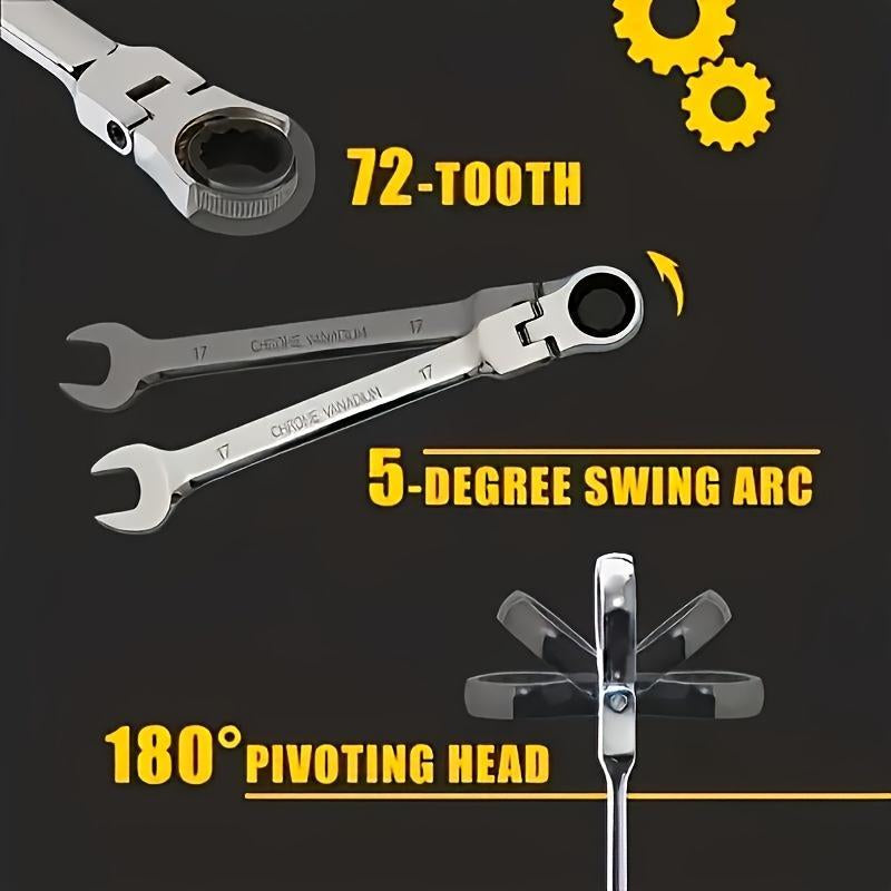 Adjustable Ratchet Wrench Set, 180° Rotatable Head & 72-Tooth Gear Mechanism Wrench Set, Multifunctional Hand Tool for Car Repair, Mechanical Workshop & Home Use