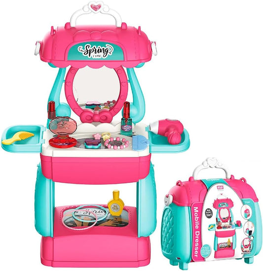 Kids 3 in 1 Pretend Play Makeup Vanity Trolley Case with Accessories
