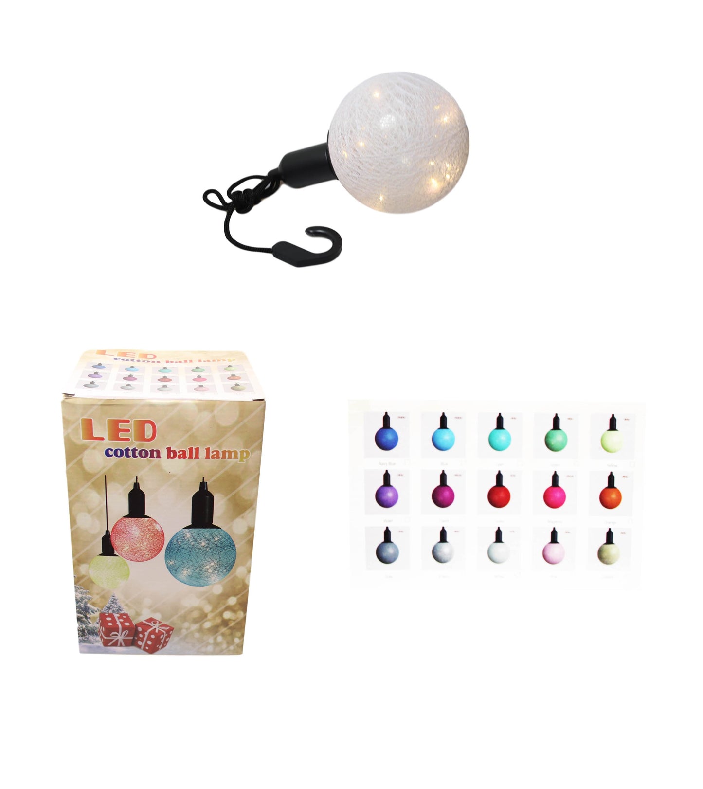 (M) Cotton Ball Ceiling Lamp Battery Operated String LED Indoor Hook Assorted Colours 6332