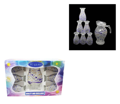 7 Piece Glassware Set Water Jug and 6 Glasses Tumblers Coloured Effect Juice Jug 6336