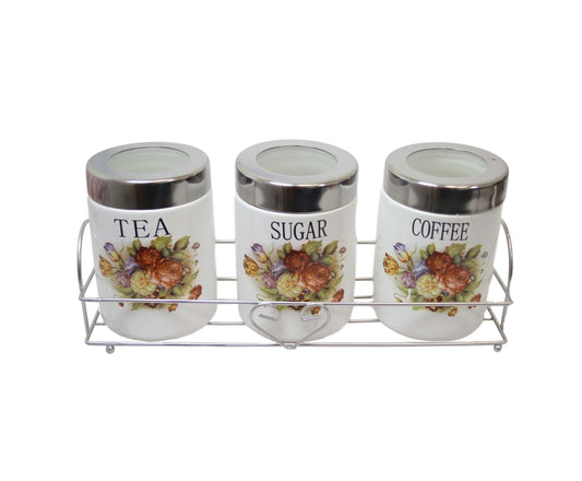 Kitchen Sugar Tea Coffee Storage Cannisters Jars with Floral Print 11 x 8 cm Set of 3 440
