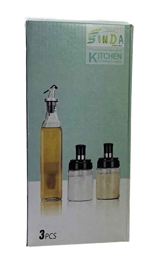 3 Piece Set Oil Bottle And Seasoning Jars Glass Kitchen Home 6663