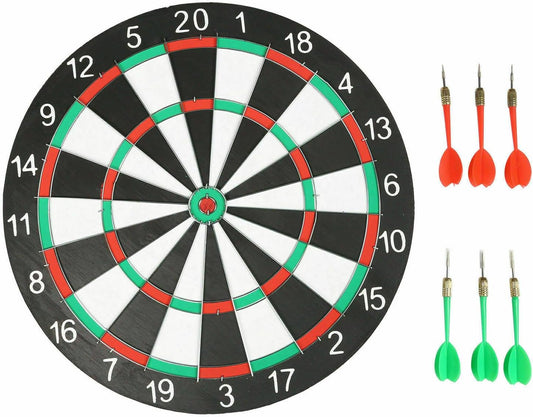 Full Size 17" Double Sided Dart Board with 6 Darts Complete Set plus Reverse Side Archery Style Target