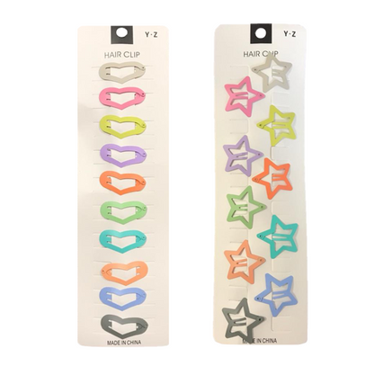 Hair Clips Heart / Star Shape 3.4 cm Pack of 10 Assorted Designs and Colours 7248