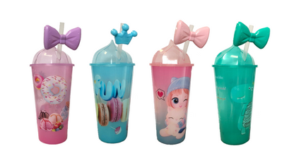 Reusable Plastic Ice Cream Drinking Cup with Straw 500ml 20 cm Assorted Designs 7437
