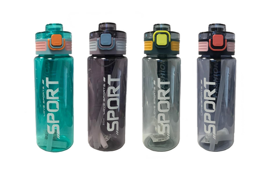 Plastic Water Drinking Bottle with Straw 23 x 8 cm Assorted Colours 7452