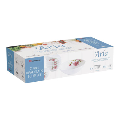 Aria Opal Glass Soup Set of 7 Blue Floral 7919