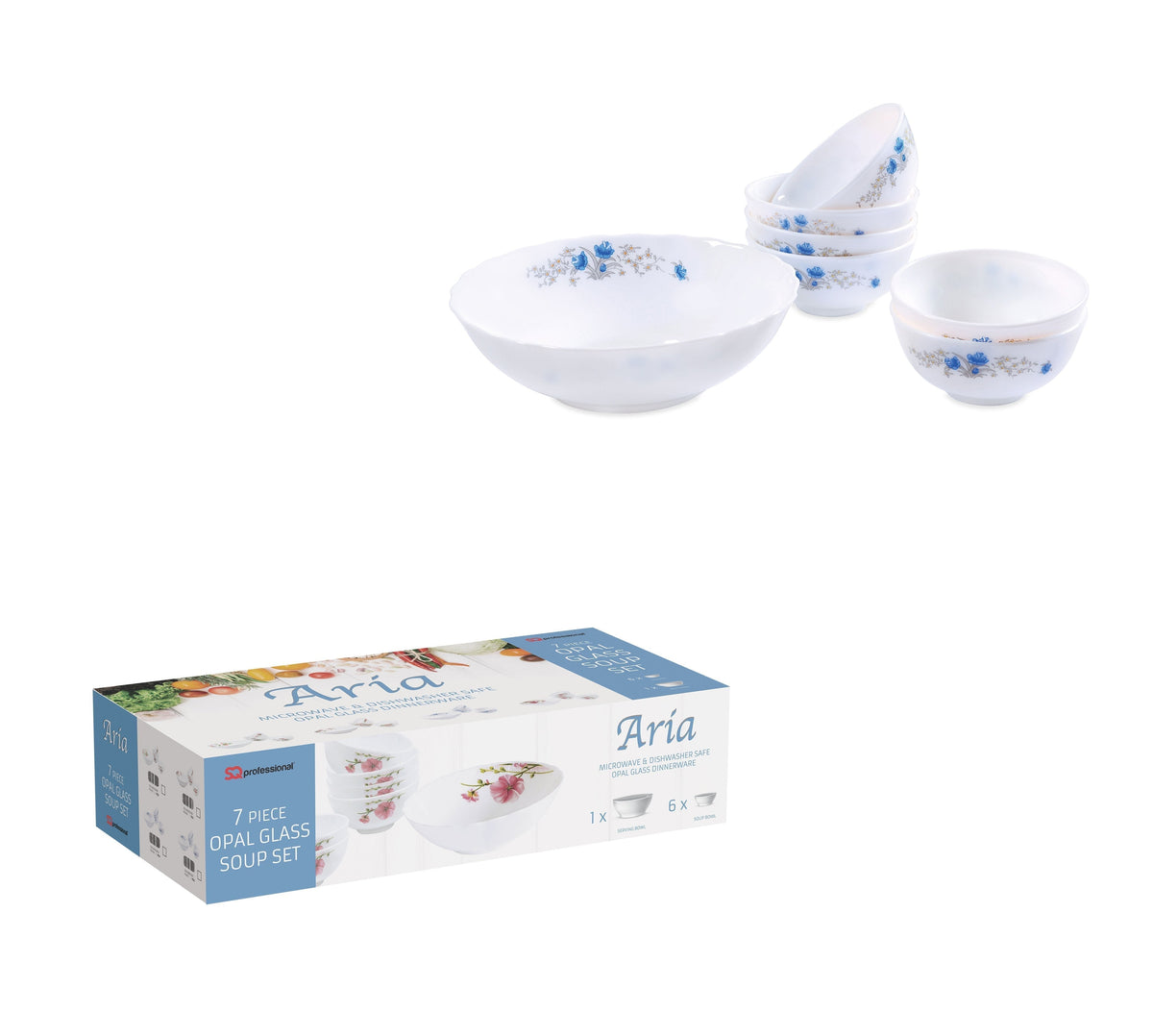 Aria Opal Glass Soup Set of 7 Blue Floral 7919