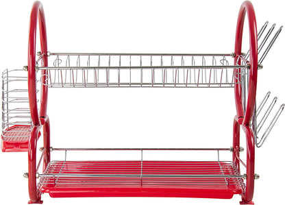 2 Tier Kitchen Dish Drainer Metal and Plastic Red 53741