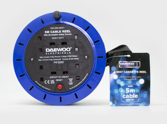 Daewoo 4 Way Gang Extension Lead Cassette Reel 5 Metre EXT1033GED