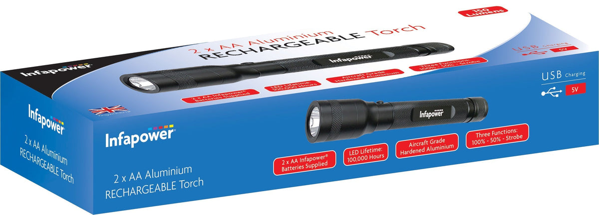 2 x AA Aluminium Rechargeable Torch DIY Home F051