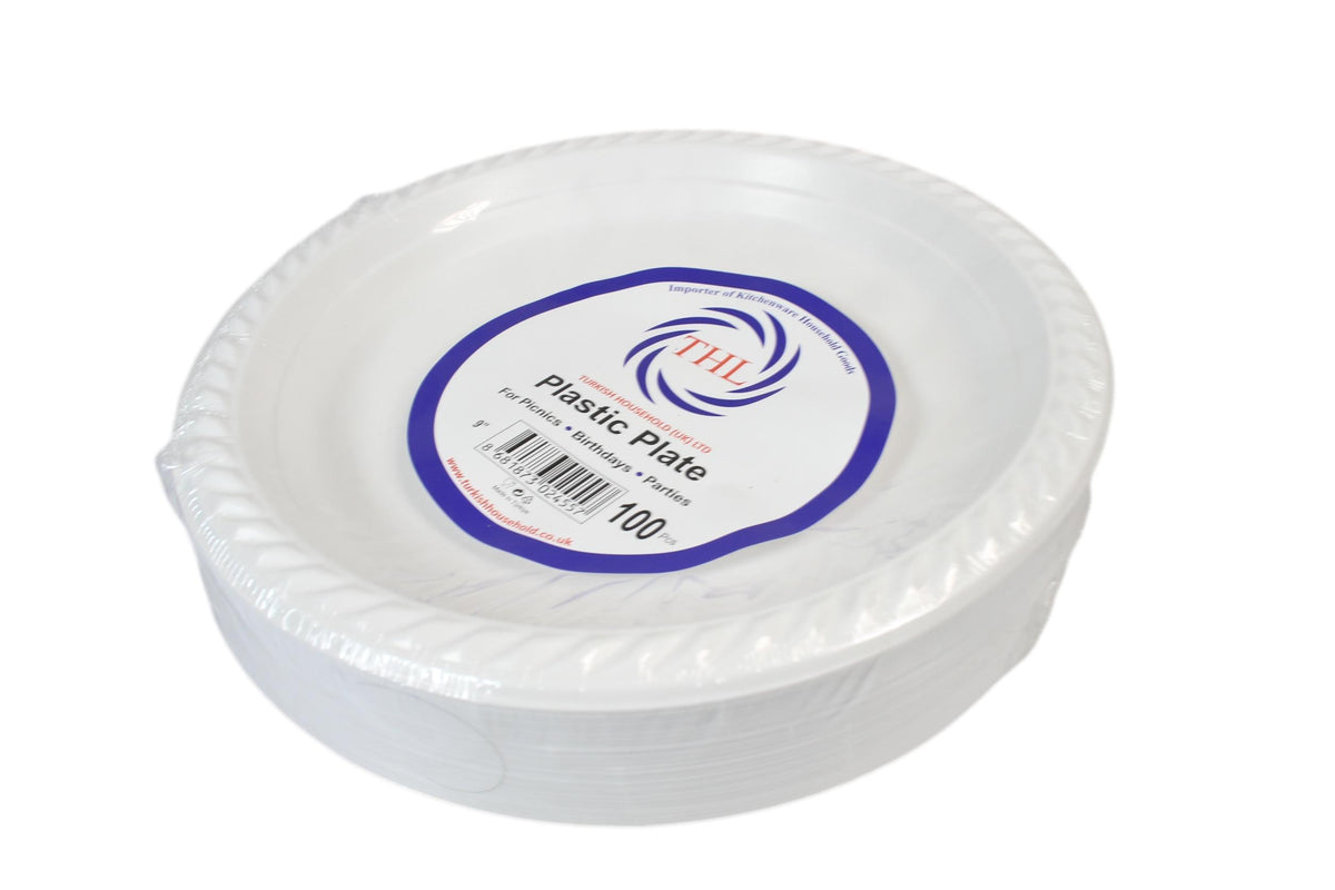 9" White Plastic Plates For Picnics Birthdays Parties Pack of 100  2455