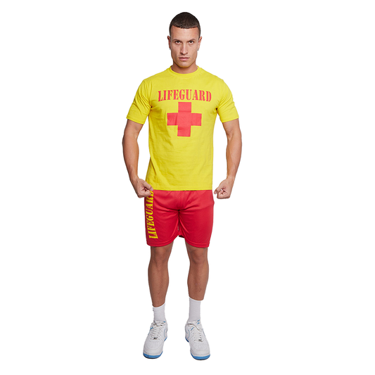 Lifeguard Fancy Dress Costume Mens Stag Night Party Shorts & T-Shirt Set