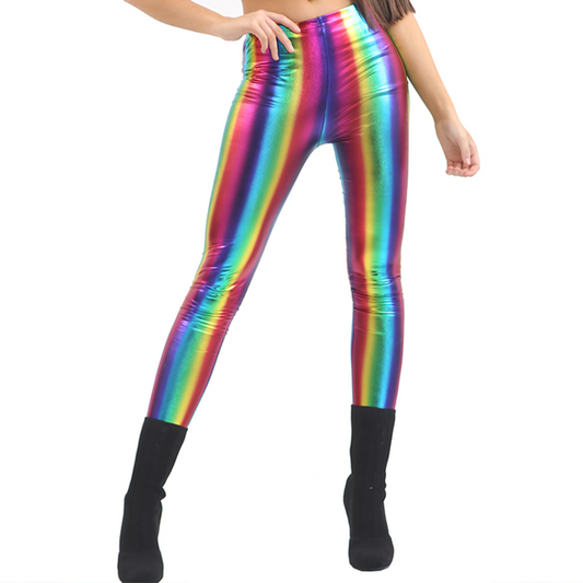Rainbow Shiny Metallic Leggings Adults 80's Pride Neon Rave Fancy Dress
