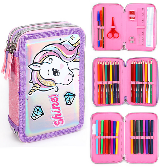 Unicorn Style Jumbo Pencil Case & Stationery Set with 3 Zip Divider