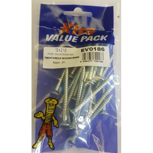 12 x 2 1/2 Pozi c/sk Twinthreads Woodscrews Xtra Value 0186