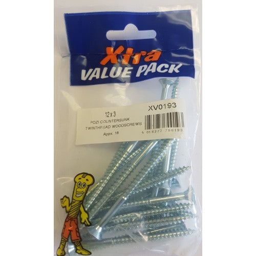 12 x 3 Pozi c/sk Twinthreads Woodscrews Xtra Value 0193