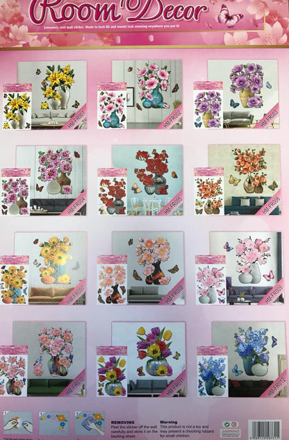 Room Decor 3D Effect Wall Stickers Flowers Vase Design 49 x 30 cm Assorted Designs and Colours 7126
