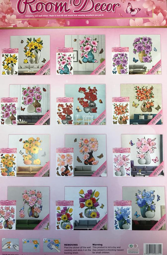 Room Decor 3D Effect Wall Stickers Flowers Vase Design 49 x 30 cm Assorted Designs and Colours 7126