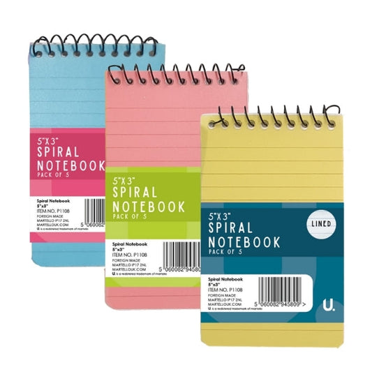 Spiral Notebook 5" x 3" Pack of 5 Assorted Colours P1108