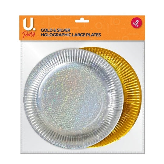 Holographic Large Paper Plates Gold and Silver Pack of 8 P1402