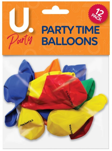 12 Pack High Quality 'It's Party Time' Party Balloons Assorted Colours P2742 P