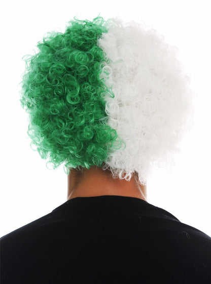 Afro Curly Fan Wig Football Carnival White Green Divided Wig